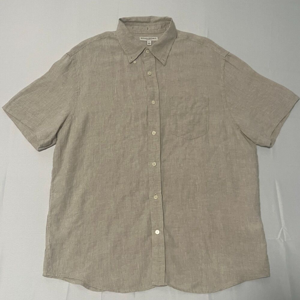 Banana Republic Men's 100% Linen Short Sleeve Button Up Shirt Beige Tan Size L